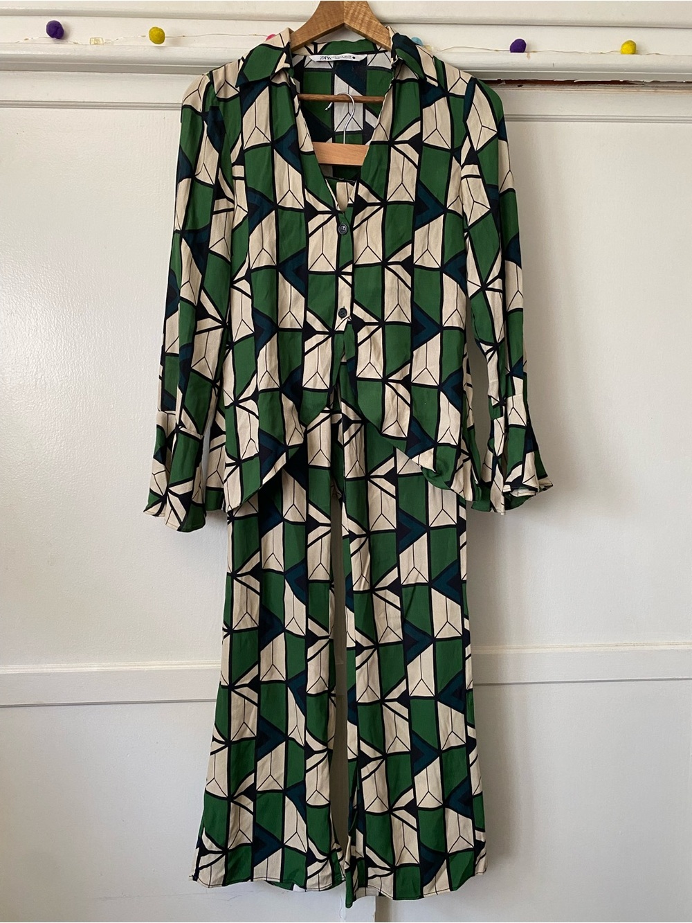 Zara Green Retro Geometric Print Coord Two Piece Set
